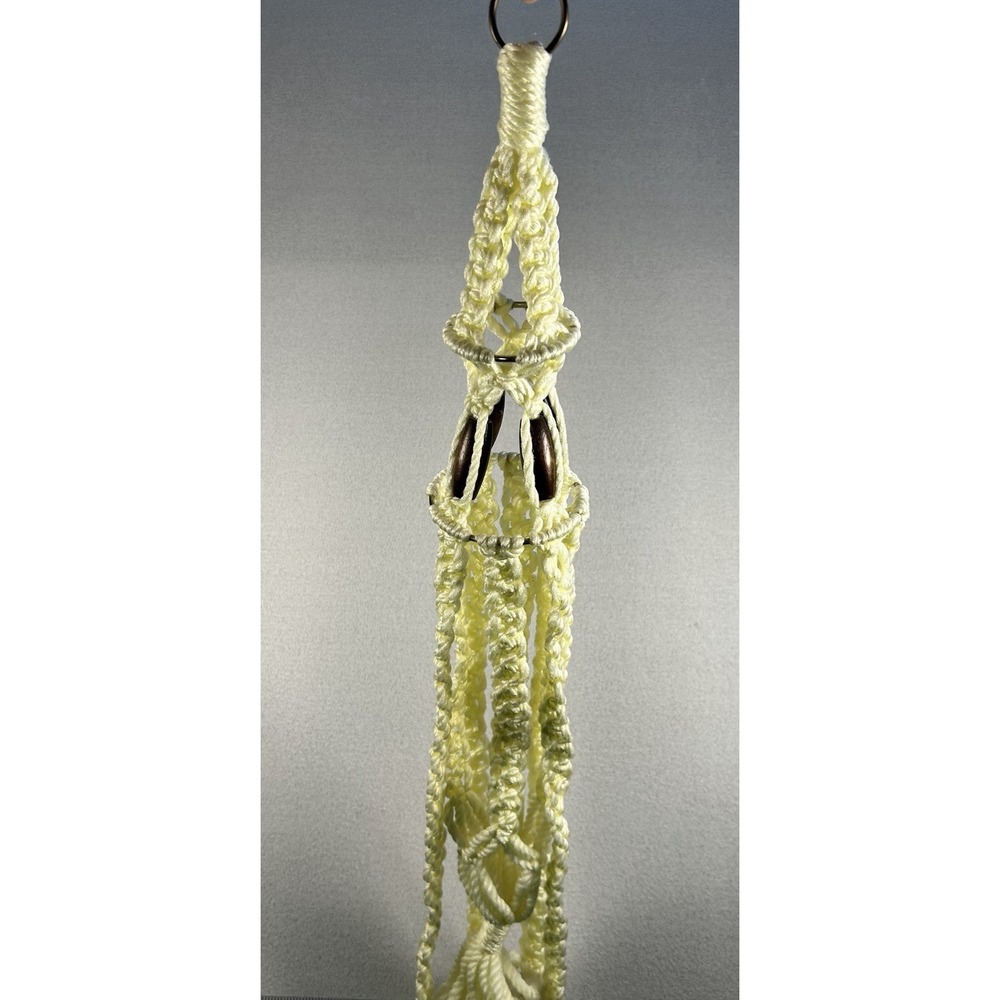 Vintage 1970s Macramé Plant Hanger Boho Yellow Rope with Wood Beads 57"